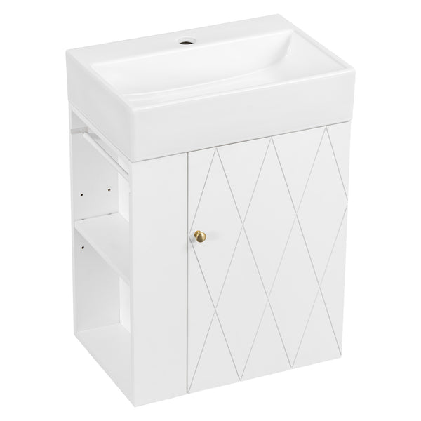 English Elm 20 Modern Wall-Mounted Bathroom Vanity with Ceramic Sink, Diamond Door, Gold Handles & Shelves — Compact White N725P314033K