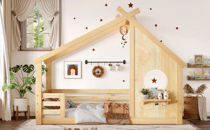 English Elm Twin House Floor Bed with Window & Shelf, Solid Wood Pitched Roof Design for Safe Cozy Sleep Natural W1580P362691