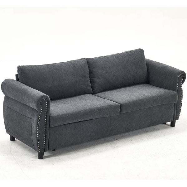 English Elm U_Style Convertible 2-in-1 Sofa Bed Sleeper with Large 63"x70.9" Mattress, Retro Rivet Accent Design DARK GREY W2705S00019