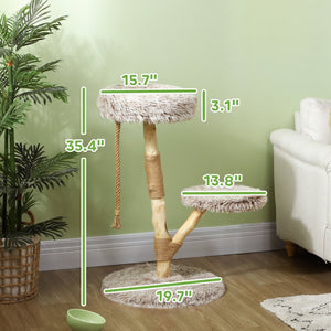 English Elm Cat Tree Tower with Jute Wrapped Pear Wood Post Dual Perches and Hanging Rope Toy T3971P432019
