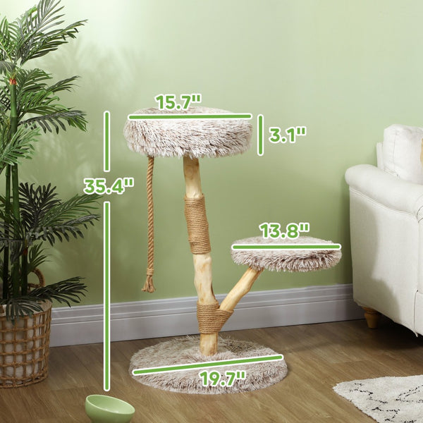 English Elm Cat Tree Tower with Jute Wrapped Pear Wood Post Dual Perches and Hanging Rope Toy T3971P432019