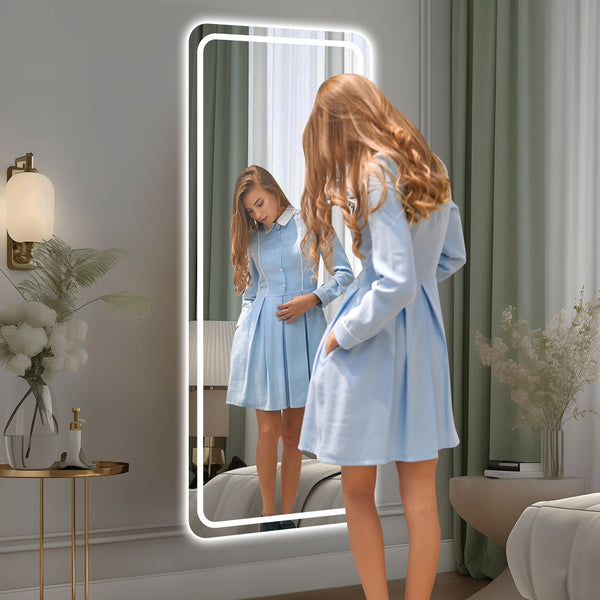 English Elm 65"x24" Full Length LED Floor Mirror with Dimming Touch, 3 Color Temps, Explosion-Proof Glass, Wall Mountable W2709P289326