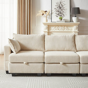 English Elm 113.5'' Modular Sectional Sofa with Storage Ottoman, Convertible U or L Shape Sleeper for 6 Seats Beige W834S00253