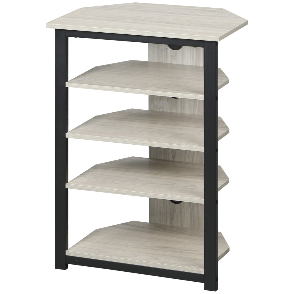 English Elm HOMCOM Corner TV Stand with 4-Tier Shelves, Steel Frame & Cable Management for Small TVs (Gray) W2225P200542