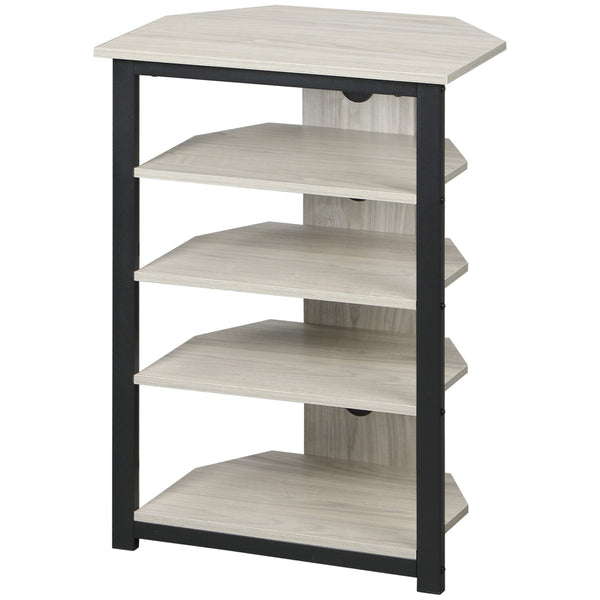 English Elm HOMCOM Corner TV Stand with 4-Tier Shelves, Steel Frame & Cable Management for Small TVs (Gray) W2225P200542