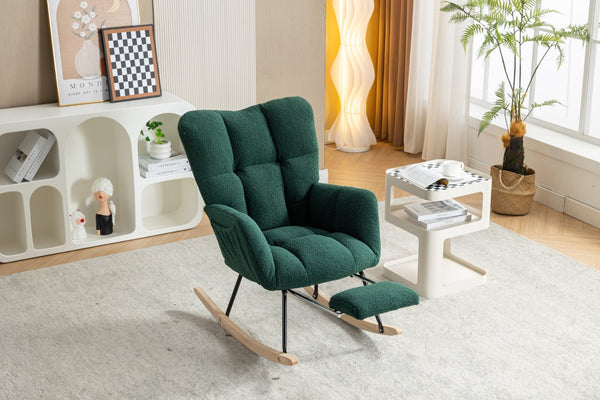 English Elm 067-teddy Fabric High Back Nursery Rocking Chair with Adjustable Footrest and Storage Pocket Green W527P420896