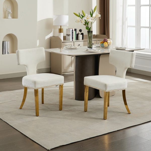 English Elm Mid Century Modern Dining Chairs with Copper Nail Trim, Plush High-Density Foam Seats, Brushed Steel Legs Beige W1143P314902