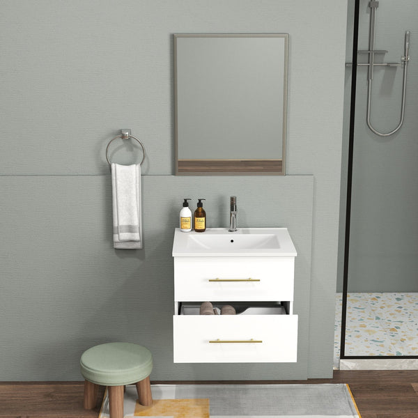 English Elm 24-Inch Wall-Mounted Bathroom Vanity & Mirror Set With Gold Handles, Space-Saving Design, Easy Install W3151S00039