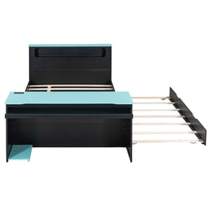 English Elm Full Size Wood Platform Daybed with Trundle Desk Rgb Led Lighting Gaming Bedroom Black+Blue LT000284AAC