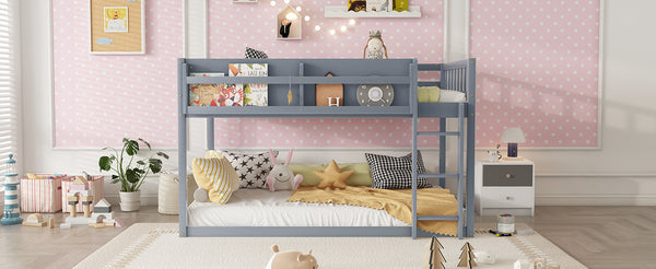 English Elm Low Low Twin Over Twin Bunk Bed with Ladder, Solid Wood Low-Profile Kids Bed Frame, Sturdy Design Grey 81.1 L x 13.58 W x 6.49 H W2593P375494
