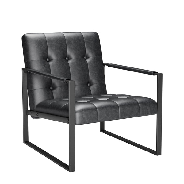 English Elm Accent Modern Upholstered Chair with Ottoman Black PU Linen, Plush Cushion, Metal Frame, Versatile Comfort for Living Room Office Bedside W578P357514