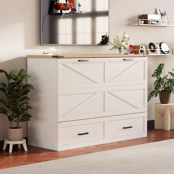 English Elm Queen Murphy Cabinet Bed Rustic Grey Farmhouse Style with Charging Station Storage W5271S00002