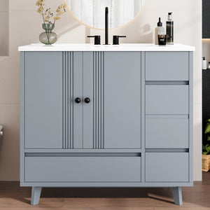 English Elm 36" Freestanding Bathroom Vanity Solid Wood Cabinet Ceramic Basin Four Drawers White W1580P382509