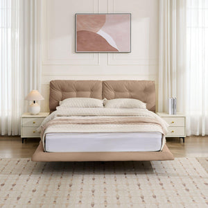 English Elm Christopher Knight Home® - Queen Plush Leather Upholstered Bed Frame with Wingback Headboard, Wavy Footboard, Quiet Support khaki 37.59 L x 32.25 W x 13 H N761S0000022M