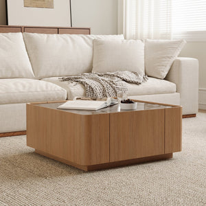 English Elm 31.5-inch Square Walnut Coffee Table Tempered Glass Top with Hidden Storage Drawers W2263P458486