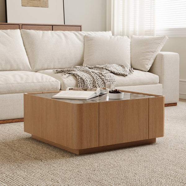 English Elm 31.5-inch Square Walnut Coffee Table Tempered Glass Top with Hidden Storage Drawers W2263P458486