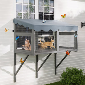 English Elm Cat Catio Window Box Enclosure Solid Wood Frame Mesh Panels Weatherproof Outdoor Perch W3166P354629