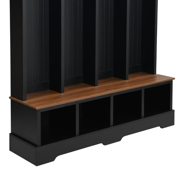 English Elm Farmhouse Hall Tree with Triple Arch Back Panel Eight Hooks Drawers and Entryway Bench Black N721S000075B