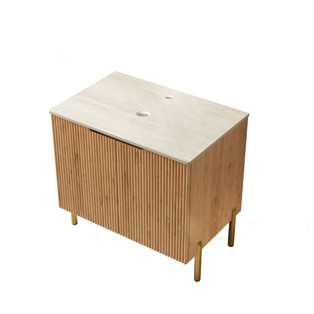 English Elm 30" Freestanding Bathroom Vanity Sintered Stone Travertine Top Woodgrain Cabinet Two Doors W2615P322856