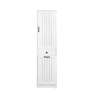 English Elm Laundry Cabinet with Drawer & Removable Basket Organizer, White Melamine Finish for Compact Spaces W331P235403