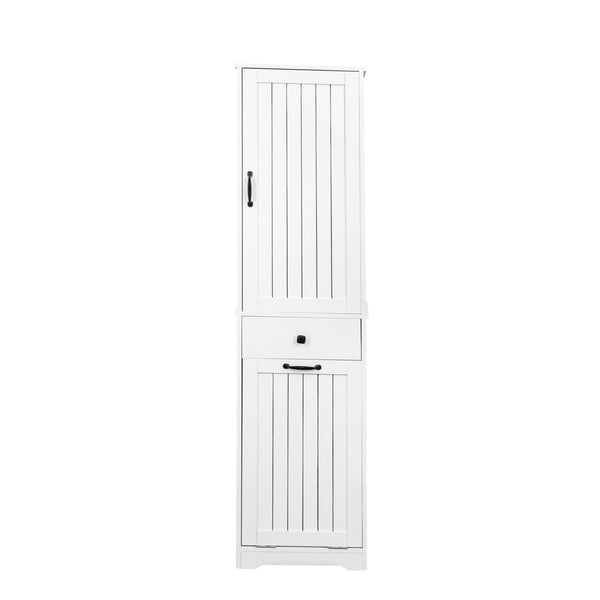 English Elm Laundry Cabinet with Drawer & Removable Basket Organizer, White Melamine Finish for Compact Spaces W331P235403