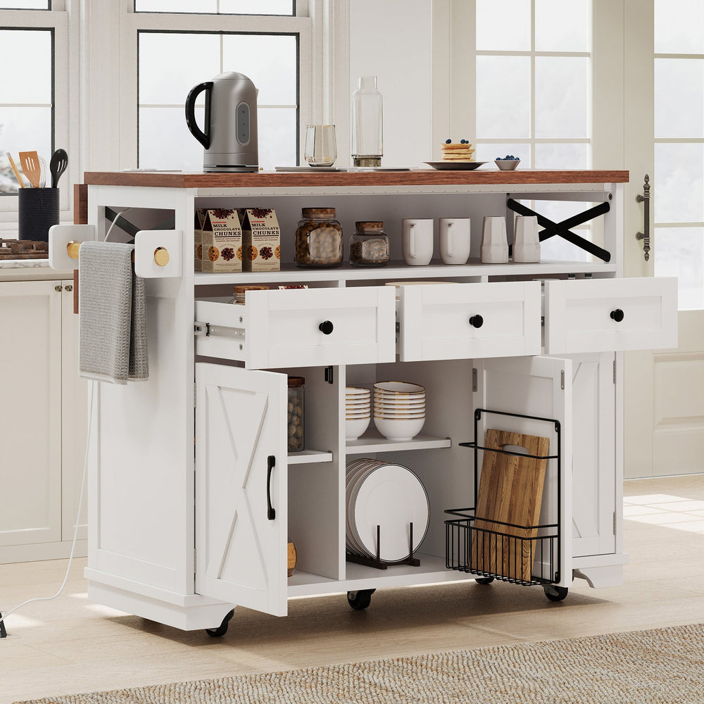 English Elm K&K 46.5'' Farmhouse Kitchen Island Cart with Beaded Drapes, Drop Leaf, Power Hub, Ample Storage White N707P254872W