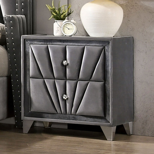 English Elm Gorgeous Art Deco Upholstered Nightstand with Velvet Finish, Glass Top, Crystal Knobs & Chrome Legs Gray 20 L x 28.5 W x 25 H B2741P320906