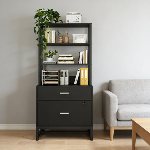 English Elm Ample Steel Office Filing Cabinet with Open Bookcase Shelves and Locking Document Drawers Black T3971P448270
