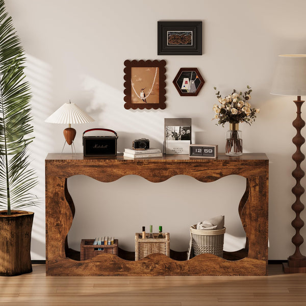 English Elm Farmhouse 63" Rustic Brown Entryway Console Table Narrow Sofa Table with Wide Top & Sturdy MDF Finish T3210P394056