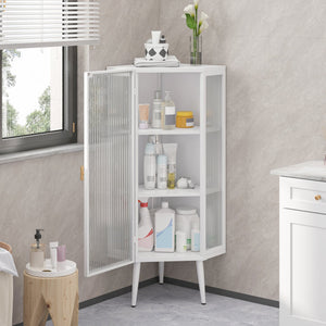 English Elm 22.25'' Floor Corner Cabinet with Tempered Glass Doors, Three-Tier Metal Frame Storage for Home White W757P180793