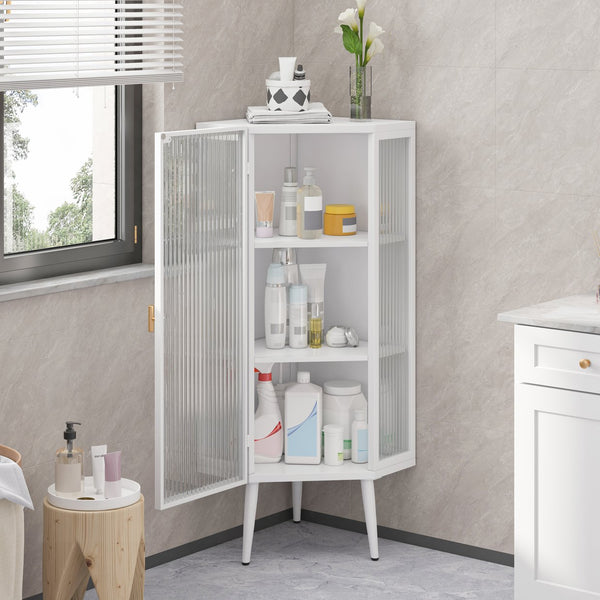 English Elm 22.25'' Floor Corner Cabinet with Tempered Glass Doors, Three-Tier Metal Frame Storage for Home White W757P180793