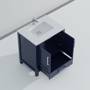 English Elm Navy 30" Bath Vanity with White Quartz Top, Soft-Close Drawer, Chrome Faucet & Spacious Storage B2731P259012