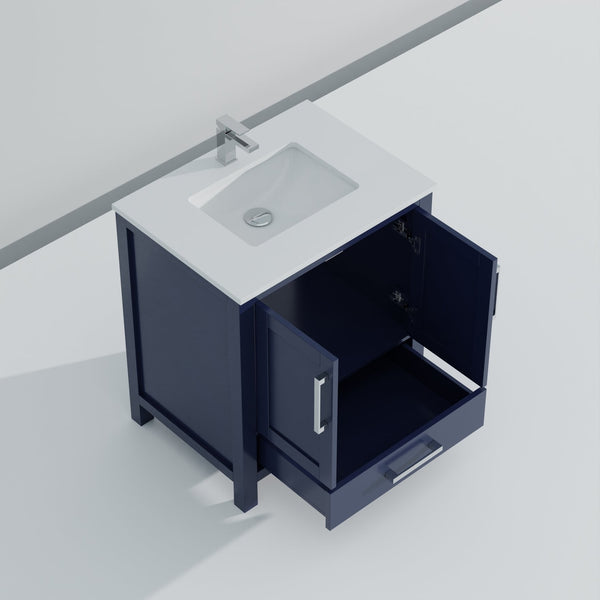 English Elm Navy 30" Bath Vanity with White Quartz Top, Soft-Close Drawer, Chrome Faucet & Spacious Storage B2731P259012