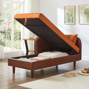 English Elm 65" Velvet Storage Chaise Lounge with Pu Leather Panels Eucalyptus Frame Accent Seat Orange+Dark Brown W1097P434116