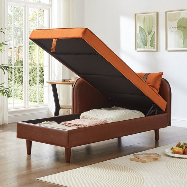 English Elm 65" Velvet Storage Chaise Lounge with Pu Leather Panels Eucalyptus Frame Accent Seat Orange+Dark Brown W1097P434116
