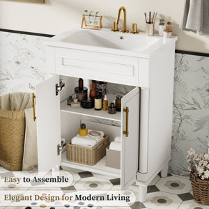 English Elm 24" Bathroom Vanity with Integrated Ceramic Sink and Adjustable Shelf, Vintage Hardware, Space-Saving Design White N710P277711K