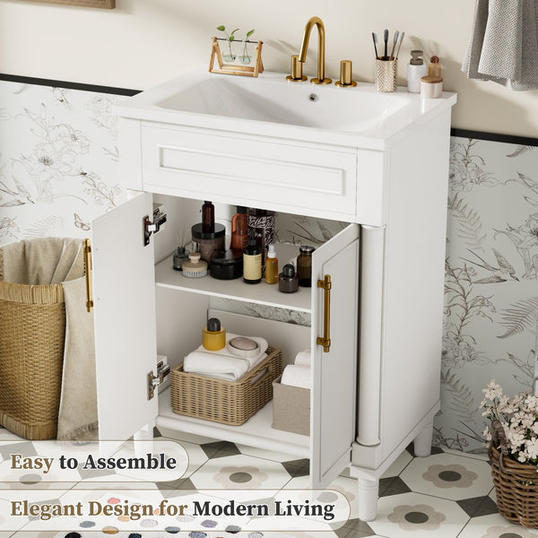 English Elm 24" Bathroom Vanity with Integrated Ceramic Sink and Adjustable Shelf, Vintage Hardware, Space-Saving Design White N710P277711K