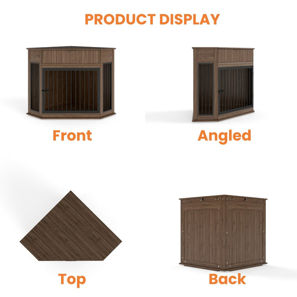 English Elm 44.6'' Corner Mdf Dog Kennel Cabinet with Fluted Drawer End Table for Modern Living Natural Walnut W5216P415905