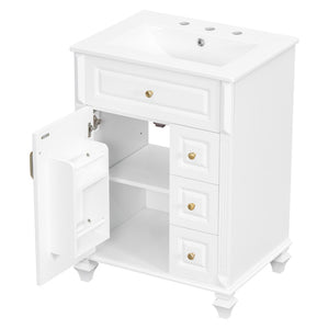 English Elm 24 Inch Freestanding Bathroom Vanity Solid Rubberwood Ceramic Sink Matte Finish Storage White N725P375626K