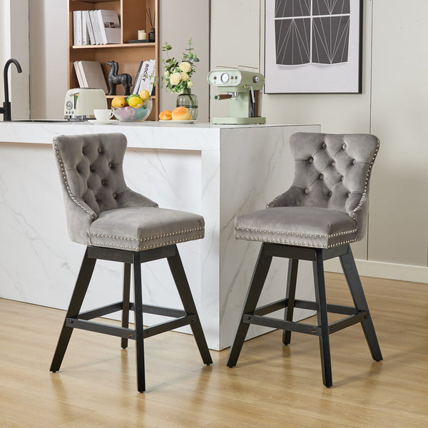 English Elm Swivel Velvet Barstools with Tufted Button Back, 360° Rotate, Plush Foam & Rubberwood Frame Gray W1143P241330