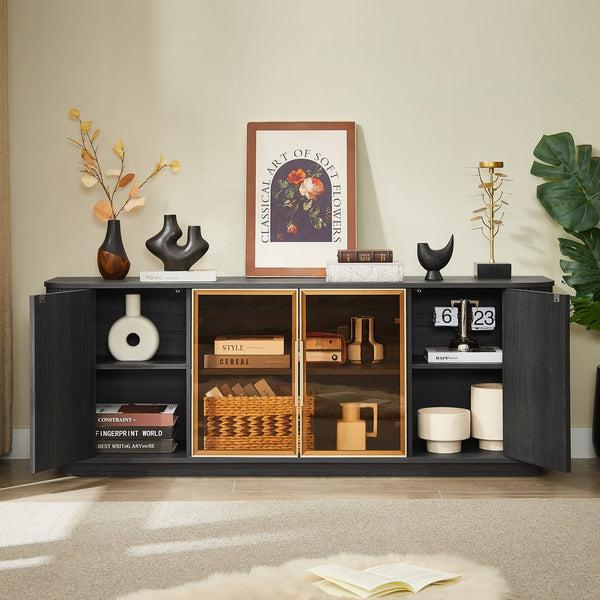 English Elm 64-Inch Wavy Tv Cabinet With Tempered Glass Doors, Led Lighting & Modern Design For Stylish Storage W1162P309027