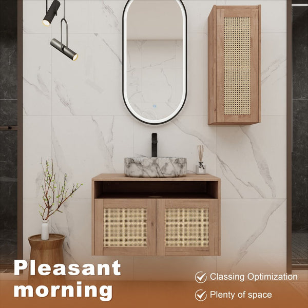 English Elm 30" Floating Bathroom Vanity Set with Ceramic Vessel Sink and Rattan Side Cabinet W999S00497