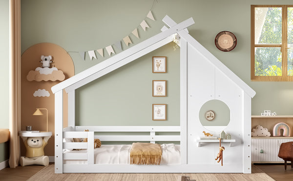 English Elm Twin House Floor Bed with Window & Shelf, Solid Wood Pitched Roof Design for Safe Cozy Sleep White W1580P362678