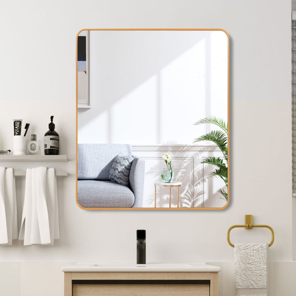 English Elm 36in Square Metal Framed Bathroom Mirror 36x36 Large HD 4mm Shatterproof Glass with Easy Install Hooks Gold W2203P379074