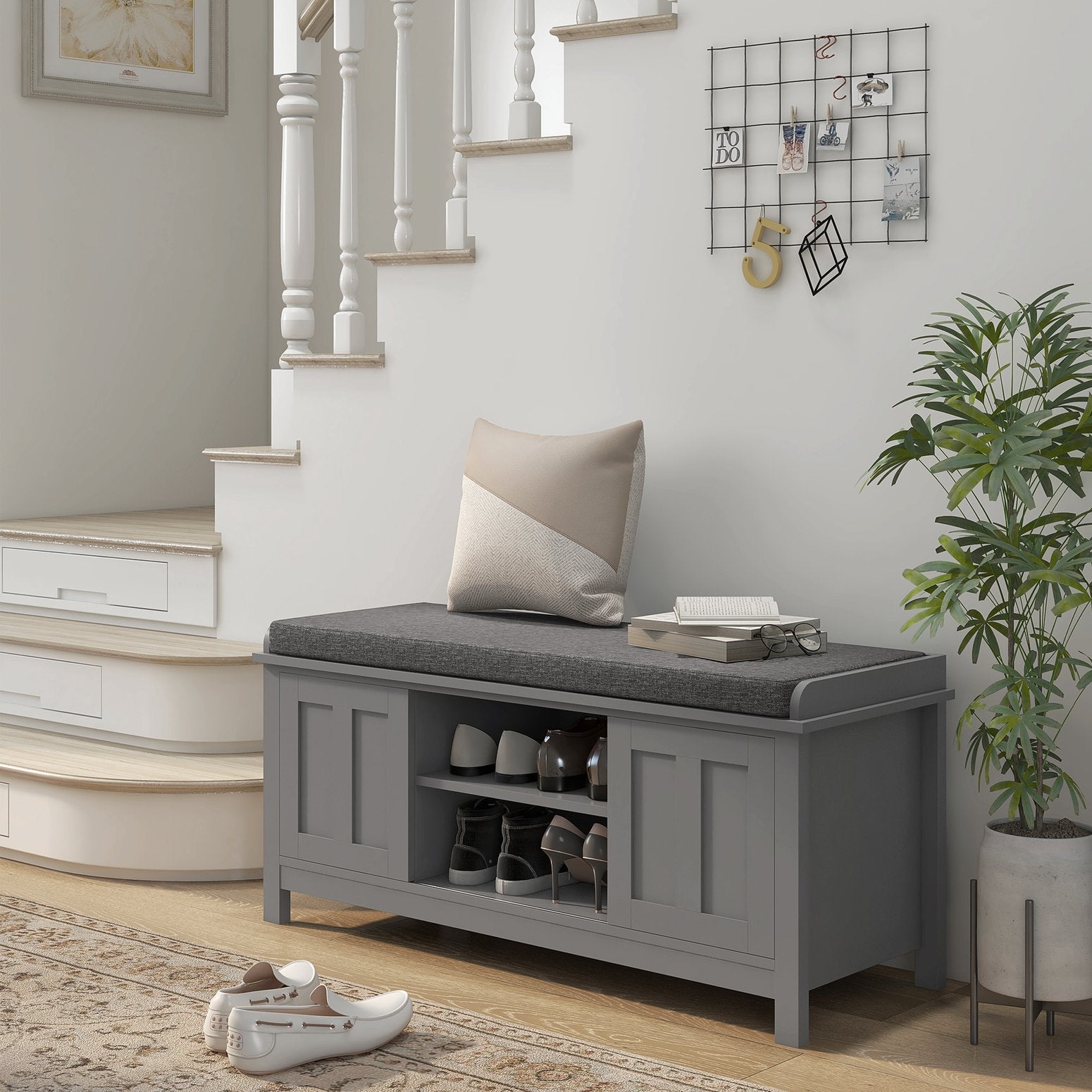 Modern Shoe Rack Bench with Cushion & Sliding Doors - 10 Pairs Storage