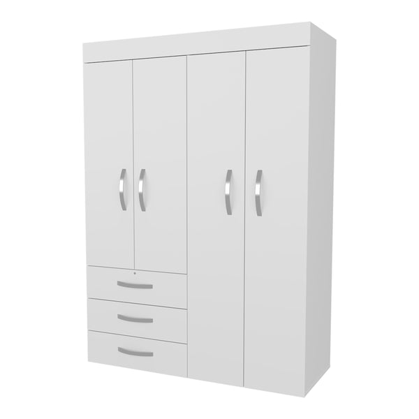 English Elm White 4-Door Wardrobe with Drawers and Shelf — Spacious Concealed Storage, 3 Drawers, 2 Shelves, Timeless White Finish B062S00627