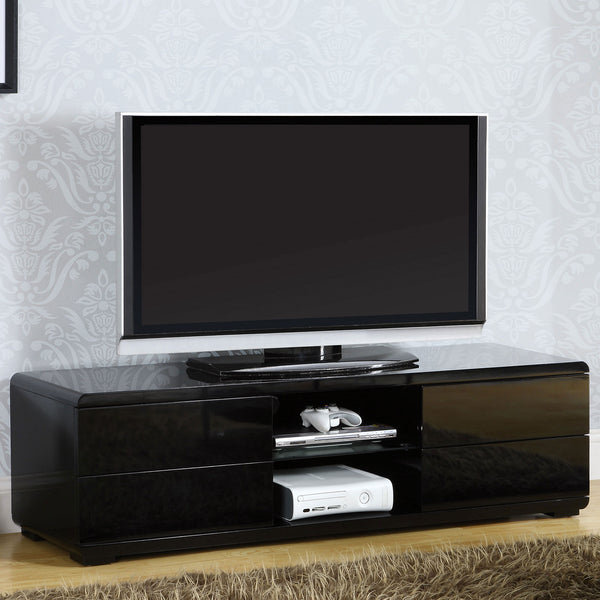 English Elm Black High Gloss Lacquer TV Console 59"W with Full-Extension Drawers, Open Shelves & Rear Access B2741P362546