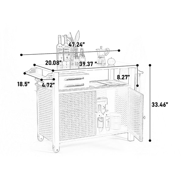 English Elm Outdoor Kitchen Wicker Island Rolling Cart With Storage, Stainless Steel Top, Wheels & Wine Rack W640P256897