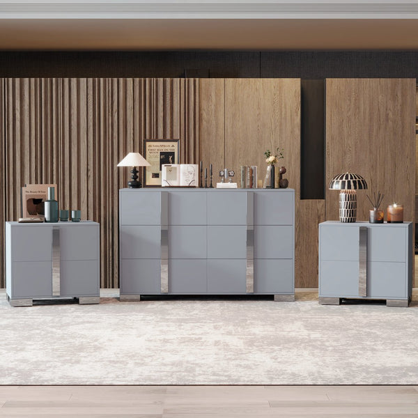 English Elm 3-Pieces Mirrored 6-Drawer Dresser and Two Nightstands with Sleek Metal Legs for Modern Living Gray 54.25 L x 20.75 W x 8.5 H N733S307938G