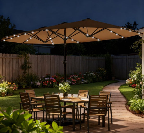 English Elm Double-sided Patio Umbrella with 36 Solar Led Lights Steel Frame Vented Canopy T3971P426126